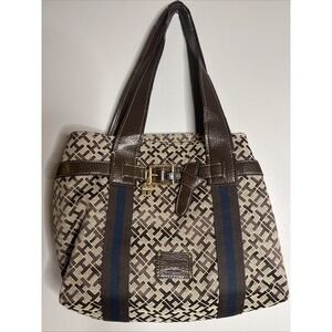 Tommy Hilfiger Women Brown Geometric Canvas Magnetic Tote Purse